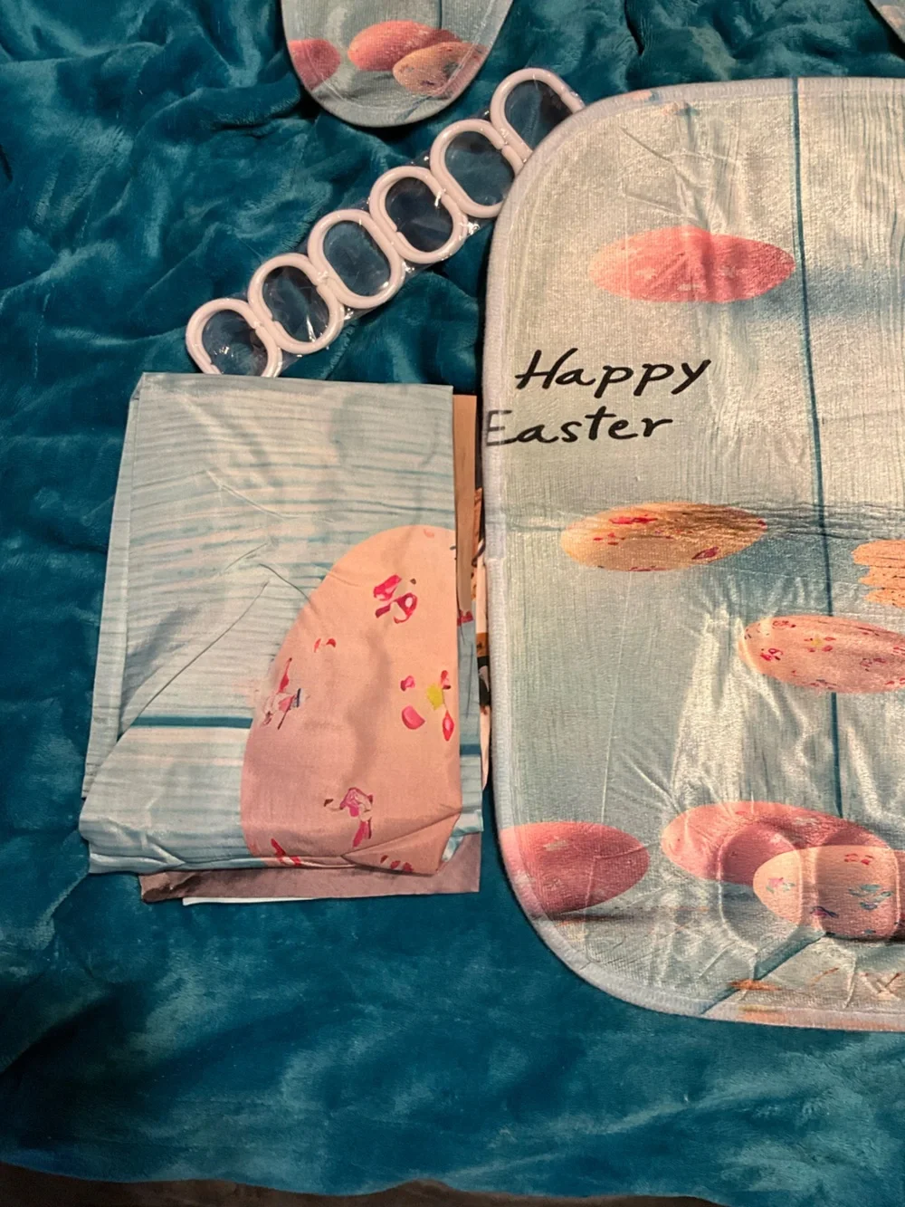 5pc NEW Easter Bunny Bathroom Mat Set Light Blue MATS,SHOWER CURTAIN SEAT COVER